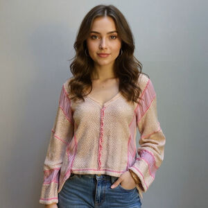 Out From Under Kendra Beige Pink Patchwork V-Neck Sweater M